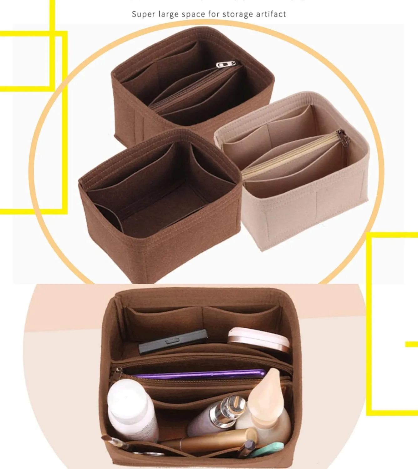 Lckaey Purse Organizer for BB Buckets - NOE Inner Bag Petit NM Storage Bag - Small Zipper Insert - Khaki