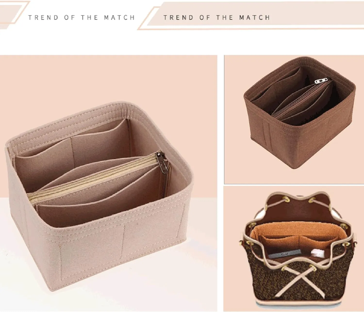 Lckaey Purse Organizer for BB Buckets - NOE Inner Bag Petit NM Storage Bag - Small Zipper Insert - Khaki