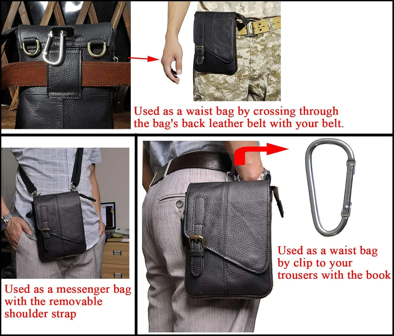 Le'aokuu Mens Genuine Leather Small Messenger Shoulder Satchel Phone Pouch Belt Fanny Waist Bag Pack