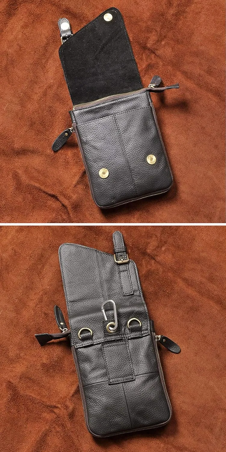 Le'aokuu Mens Genuine Leather Small Messenger Shoulder Satchel Phone Pouch Belt Fanny Waist Bag Pack