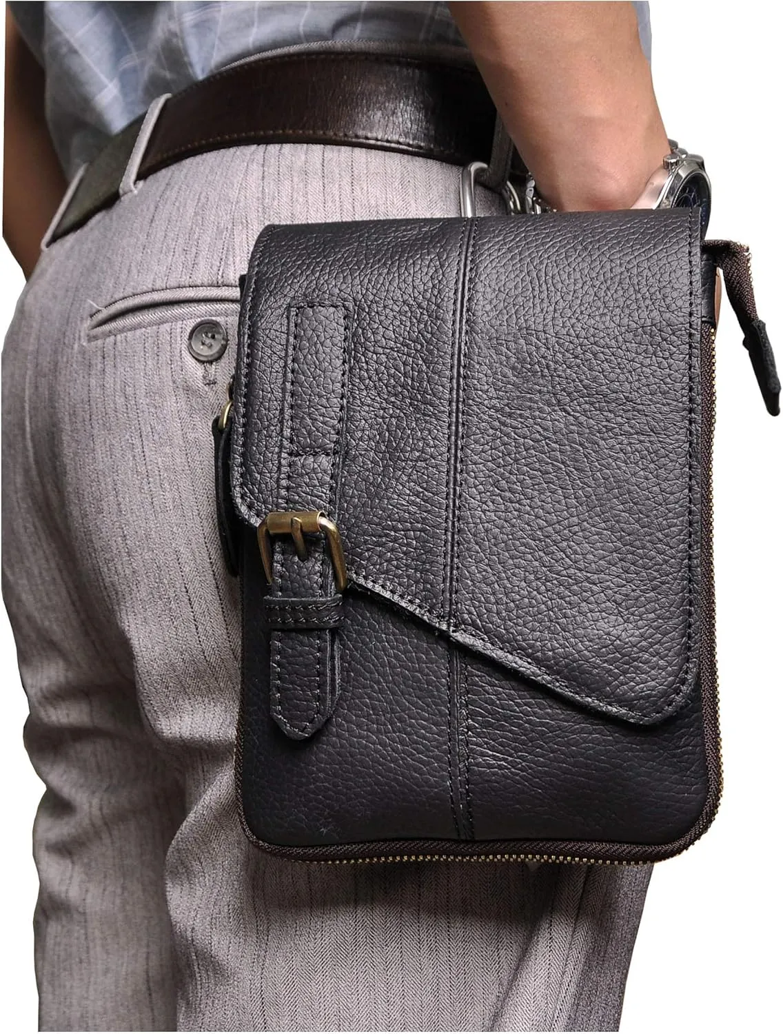 Le'aokuu Mens Genuine Leather Small Messenger Shoulder Satchel Phone Pouch Belt Fanny Waist Bag Pack