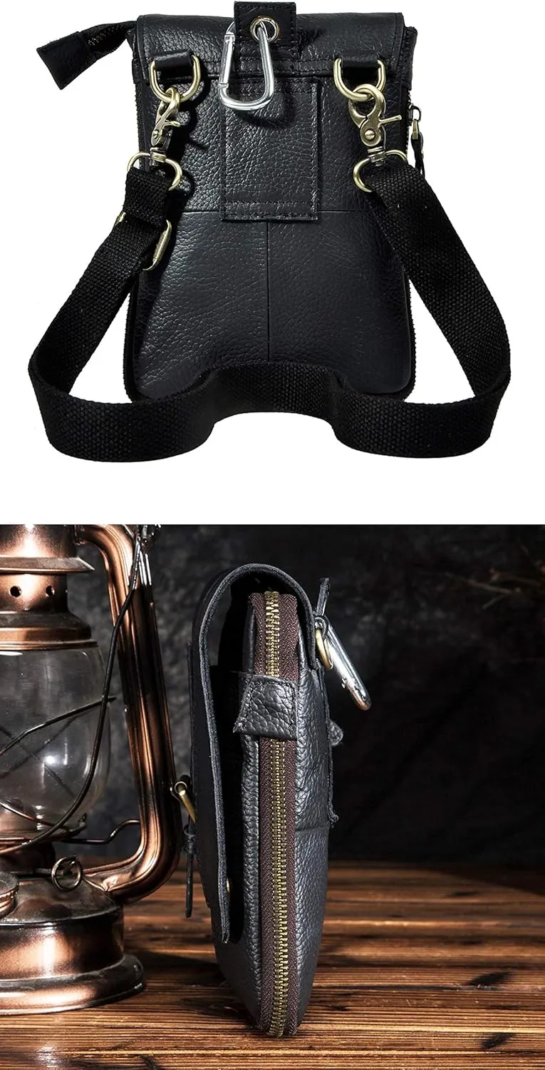 Le'aokuu Mens Genuine Leather Small Messenger Shoulder Satchel Phone Pouch Belt Fanny Waist Bag Pack
