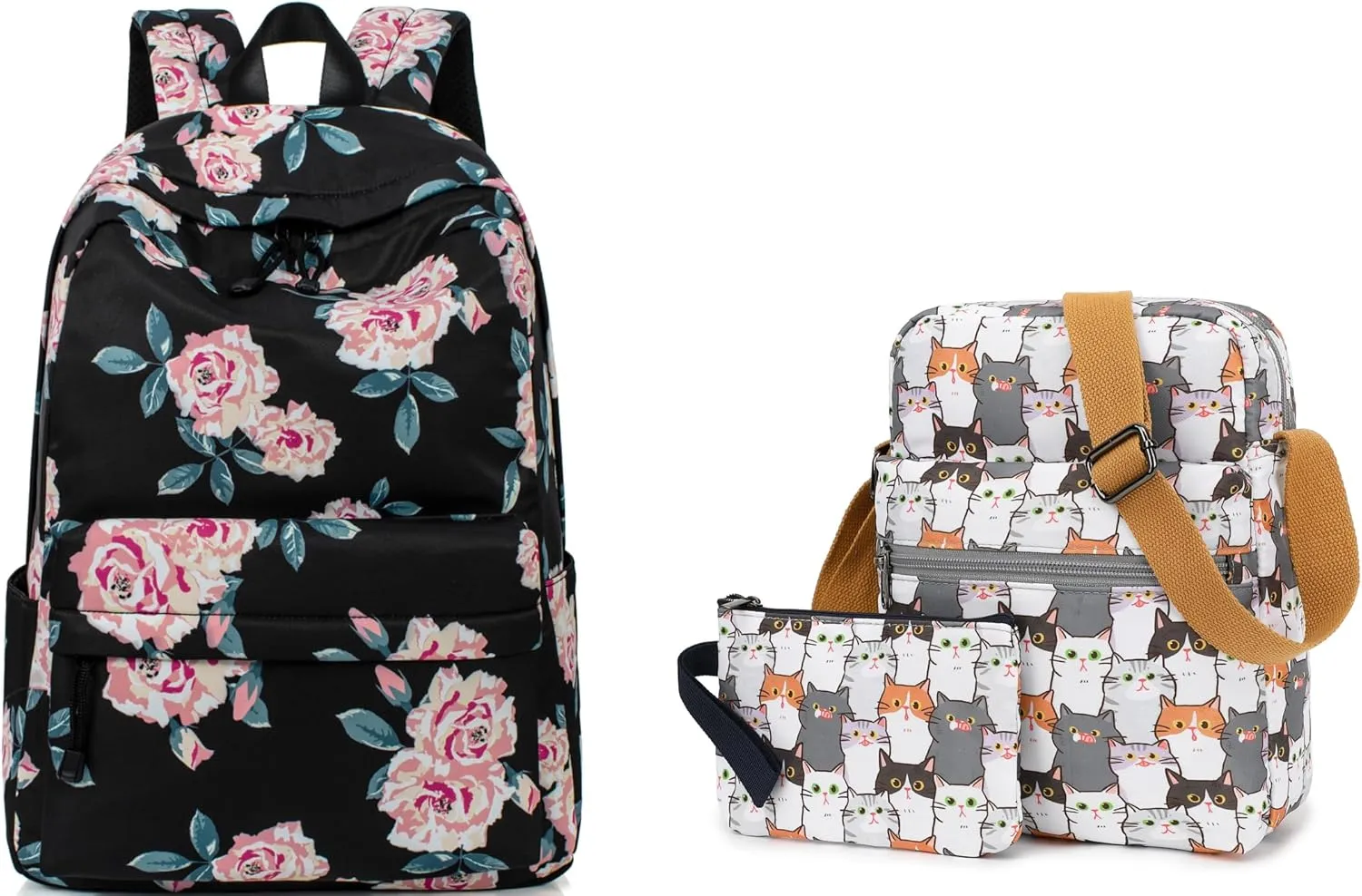 Leaper Cute Cat Messenger Bag Small Crossbody Bag Floral Backpack Bundle