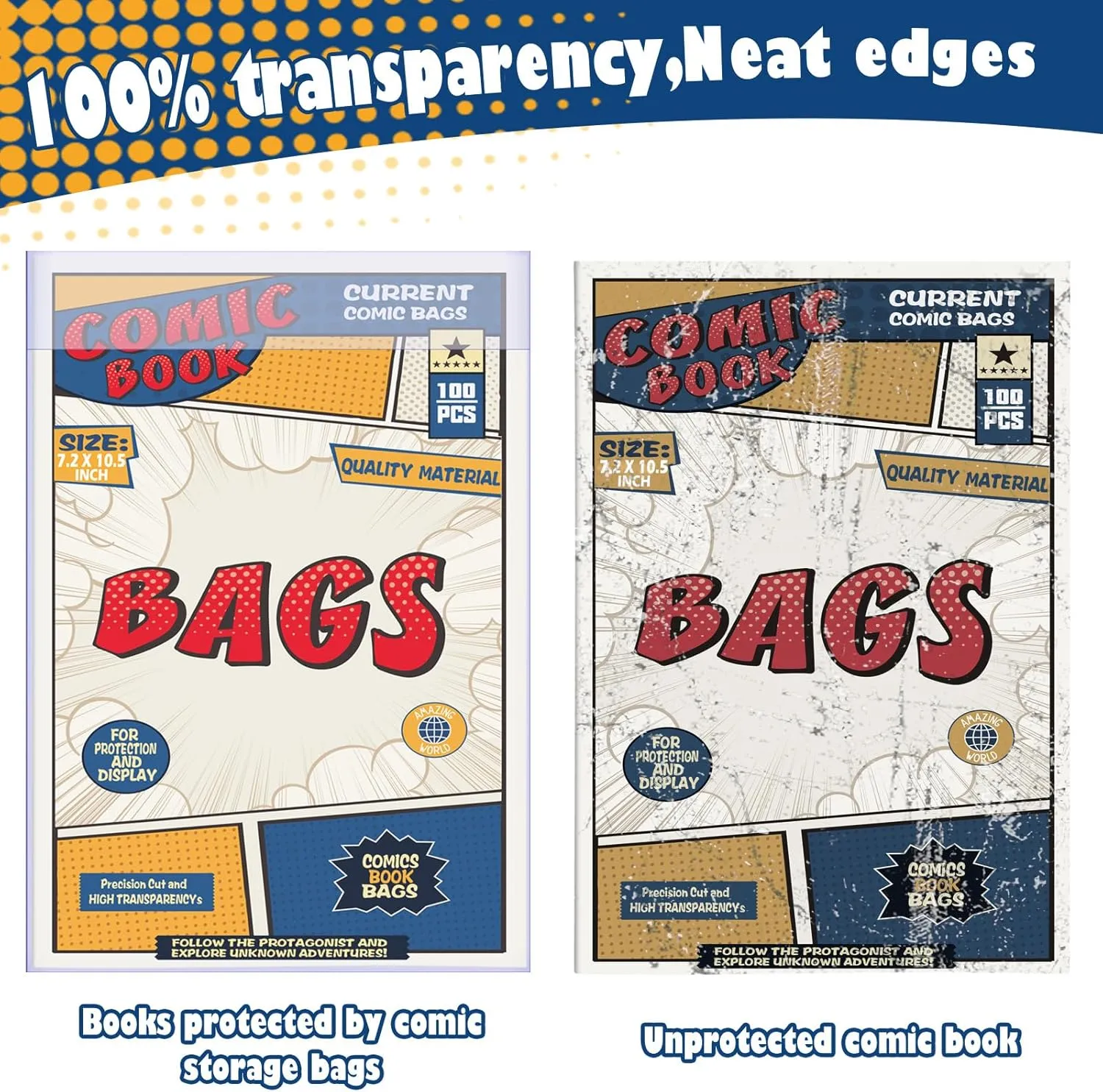 Leffis 100 Count Comic Book Current Size Bags and Boards Transparent Acid-Free and Reusable Comic Book Sleeves for Regular Comics (Bags and Boards X 100pcs) (100 Count)