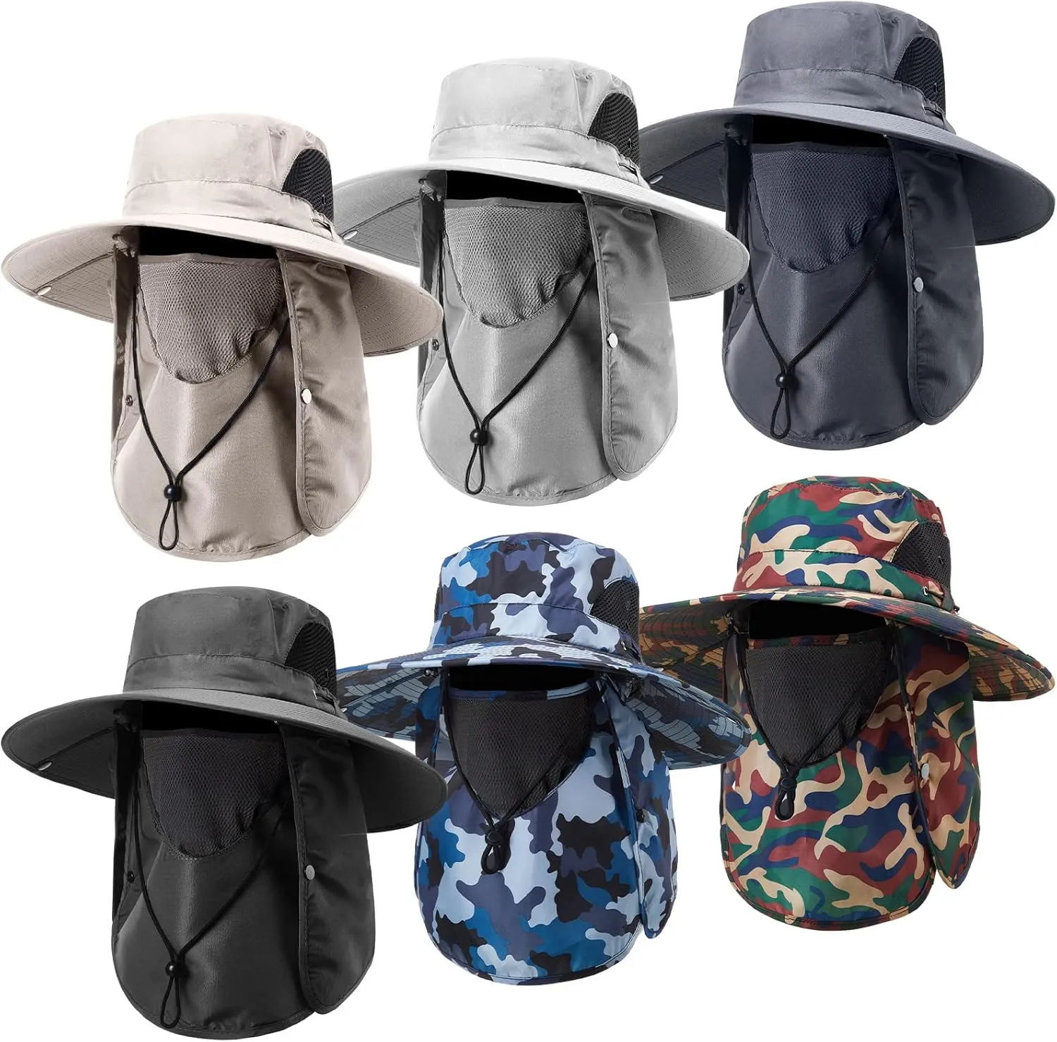 Leumoi 6 Pcs Fishing Hat for Men Women Waterproof Wide Brim with Face Cover and Neck Flap Outdoor UV Protection Hiking Hat for Fishing Garden Hiking, 6 Colors