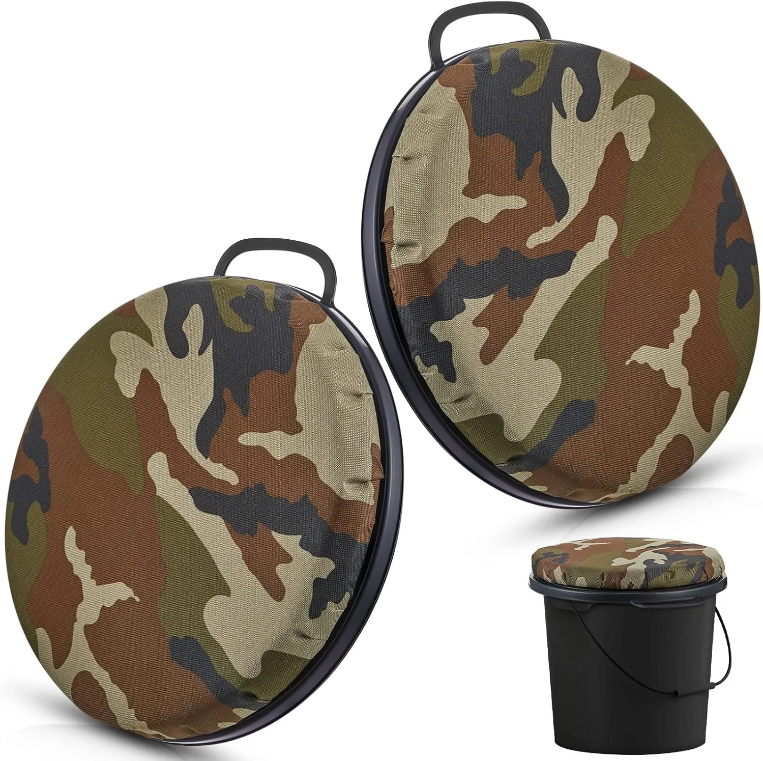 Lewtemi 2 Pcs 5 Gallon Bucket Seats 360 Degree Swivel Bucket Seat Thick Green Camouflage Padded Cushion Lid with Waterproof Cover for Dove Duck Hunting Fishing Baseball Gardening and Camping