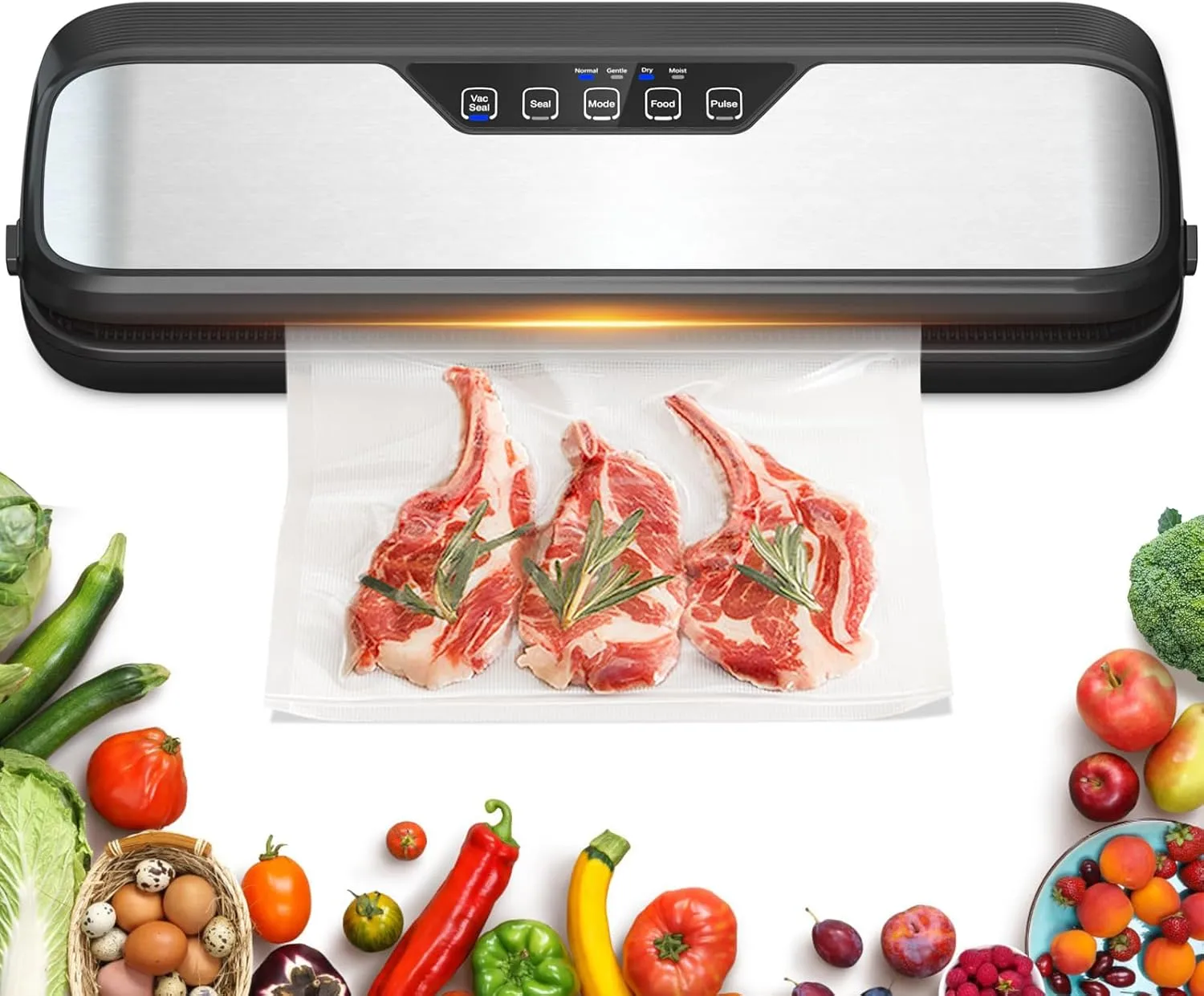 LifePlus Vacuum Sealer Machine, Full Automatic Food Sealer 5 in 1 with Dry/Moist Modes, Sealer Bags and Rolls, Powerful Seal a Meal Sealer Machine for Food Stoarge and Saver