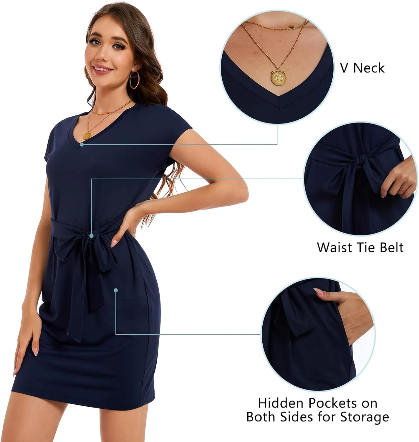 Lightbare Womens UPF 50  Short Sleeve T Shirt Dress V Neck Summer Floral Dresses Tie Waist Casual with Pockets