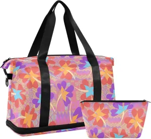 Line Petals Floral Gym Bag Duffle Bag with Wet Pocket&Shoe Compartment Overnight Weekender Travel Bag