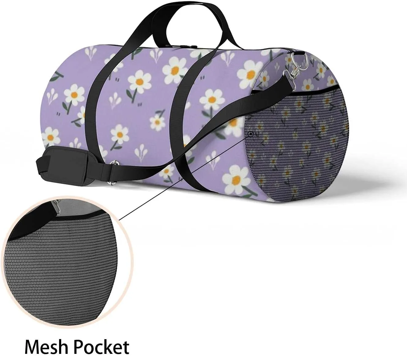 Little Daisy Floral Purple Sports Duffel Bag Travel Gym Tote Bags Lightweight Durable Shoulder Strap Waterproof Polyester Outside Mesh Pocket Overnight Trip Duffel Bag for Women Men