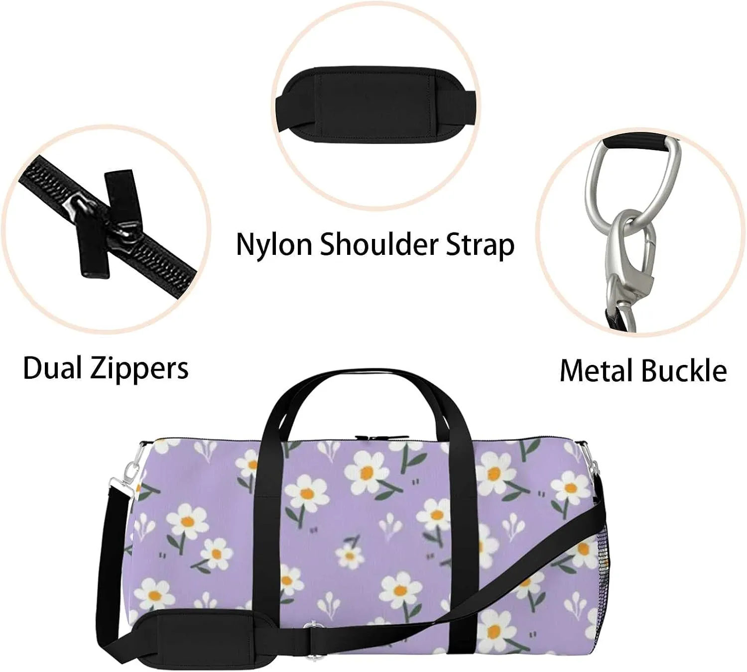Little Daisy Floral Purple Sports Duffel Bag Travel Gym Tote Bags Lightweight Durable Shoulder Strap Waterproof Polyester Outside Mesh Pocket Overnight Trip Duffel Bag for Women Men
