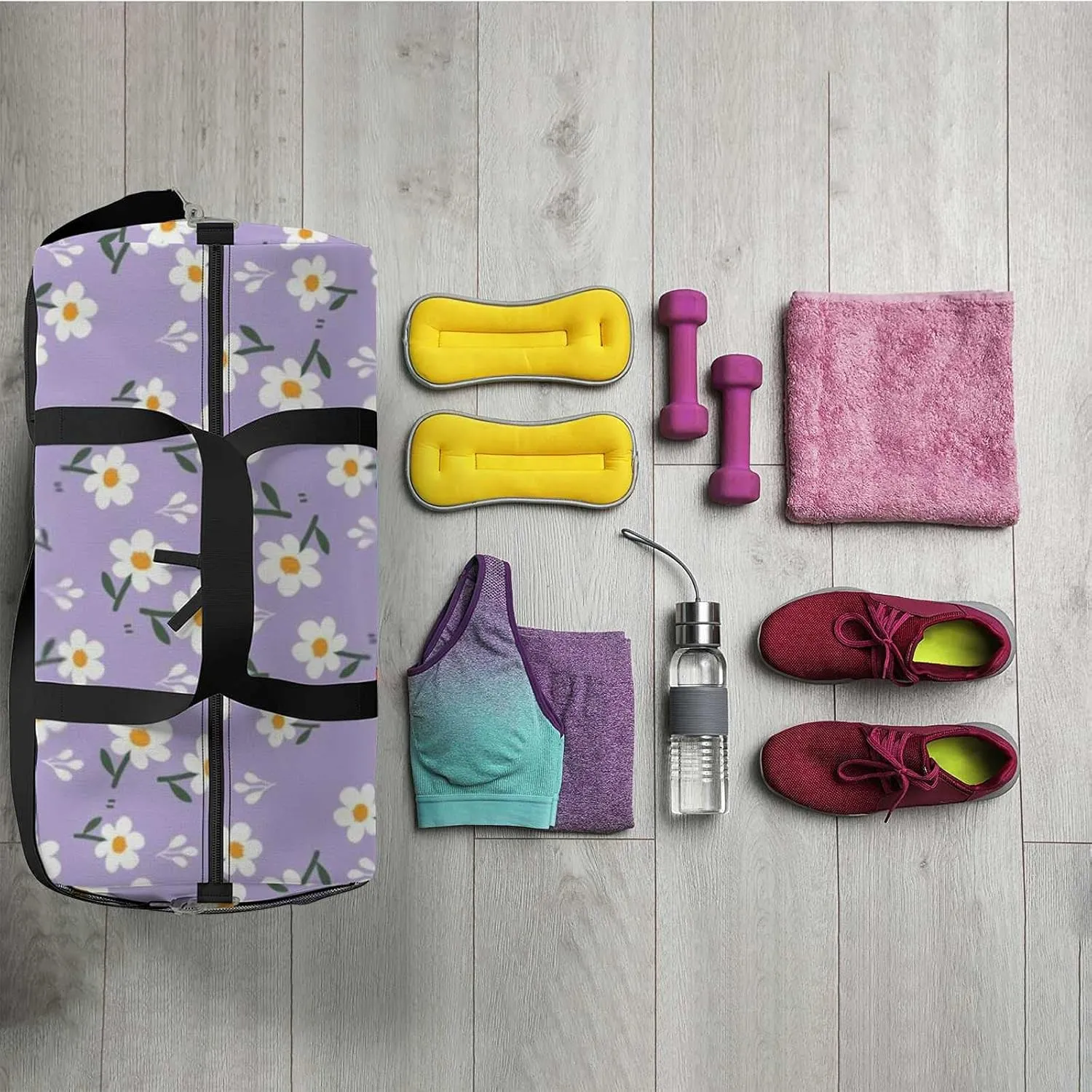 Little Daisy Floral Purple Sports Duffel Bag Travel Gym Tote Bags Lightweight Durable Shoulder Strap Waterproof Polyester Outside Mesh Pocket Overnight Trip Duffel Bag for Women Men