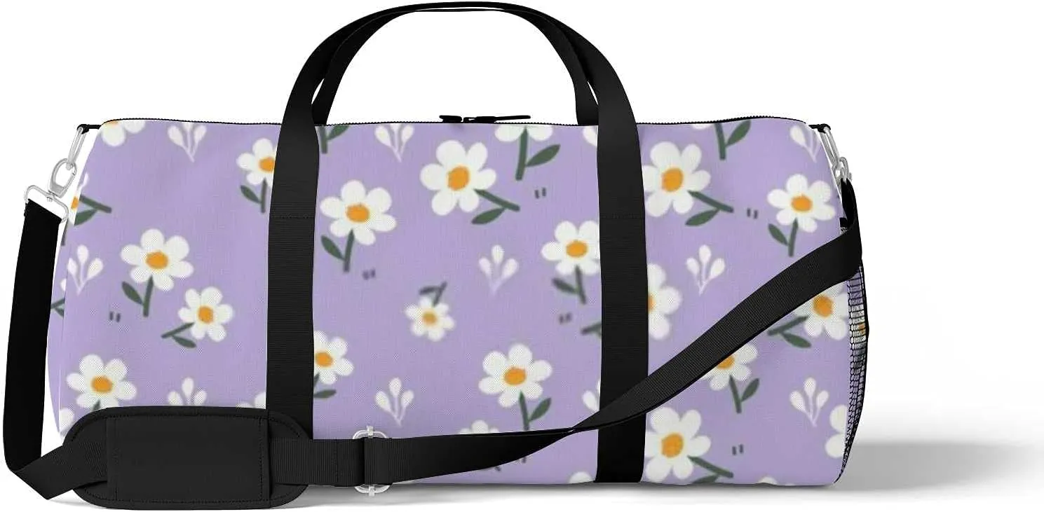 Little Daisy Floral Purple Sports Duffel Bag Travel Gym Tote Bags Lightweight Durable Shoulder Strap Waterproof Polyester Outside Mesh Pocket Overnight Trip Duffel Bag for Women Men