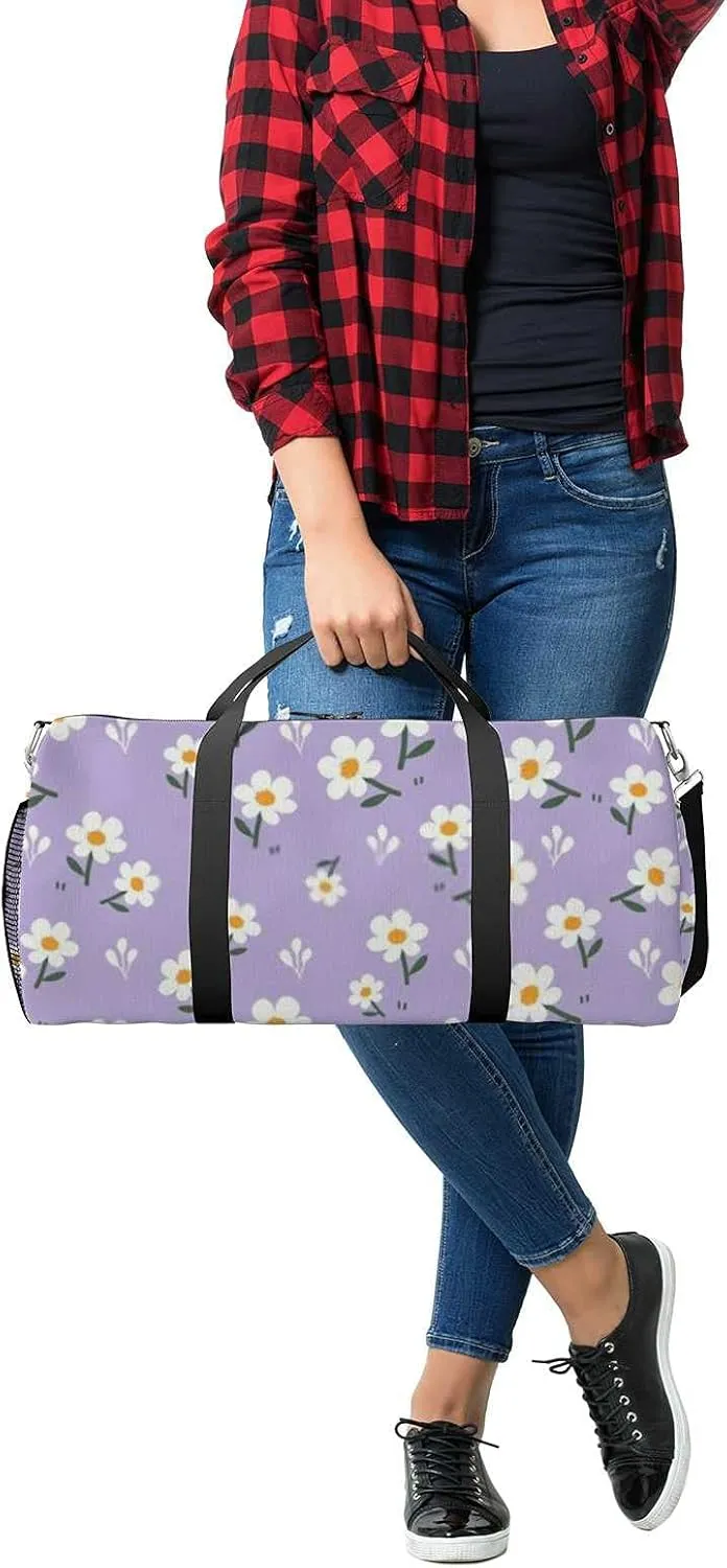 Little Daisy Floral Purple Sports Duffel Bag Travel Gym Tote Bags Lightweight Durable Shoulder Strap Waterproof Polyester Outside Mesh Pocket Overnight Trip Duffel Bag for Women Men