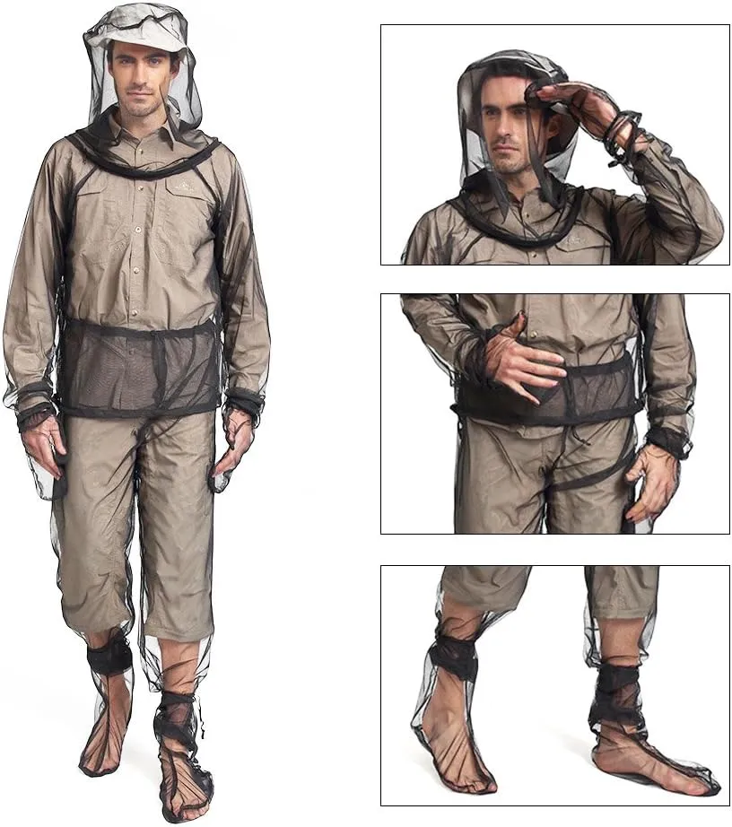 Lixada Mesh Suit Set with Jacket Hood, Mitts, Socks & Storage Sack - Ultra-fine Net Mesh Clothing for Fishing Hiking Camping