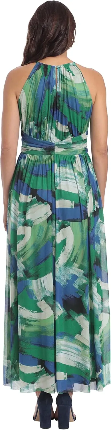 London Times Women's Mesh Halter Maxi with Ruched Waistband Event Guest of Occasion Garden Party