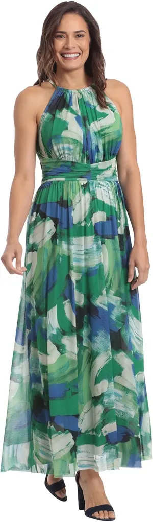 London Times Women's Mesh Halter Maxi with Ruched Waistband Event Guest of Occasion Garden Party