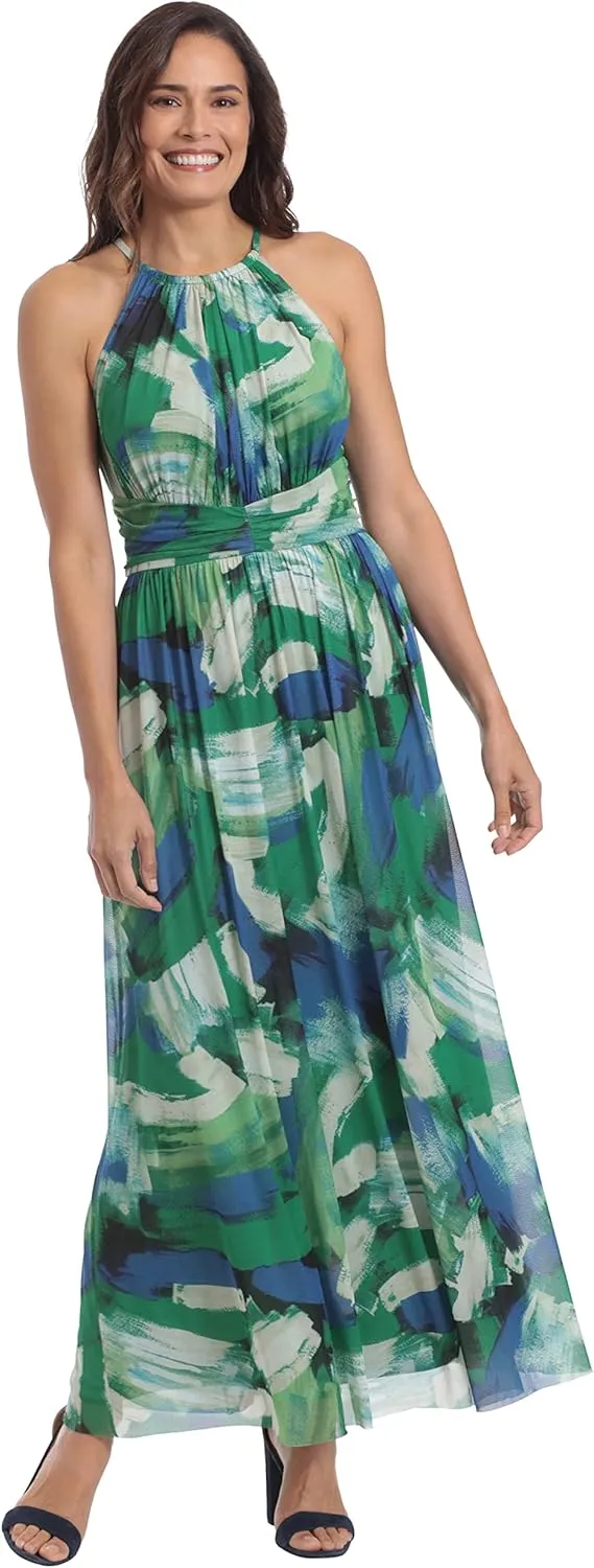 London Times Women's Mesh Halter Maxi with Ruched Waistband Event Guest of Occasion Garden Party