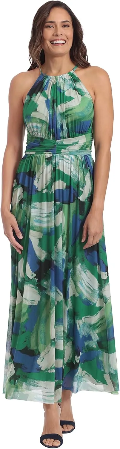 London Times Women's Mesh Halter Maxi with Ruched Waistband Event Guest of Occasion Garden Party