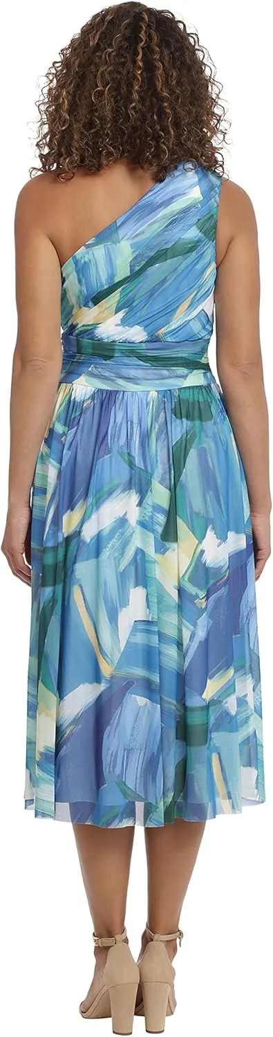 London Times Women's Ruched One Shoulder Mesh Midi Dress Guest of Occasion Wedding Event