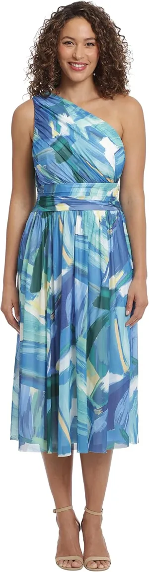 London Times Women's Ruched One Shoulder Mesh Midi Dress Guest of Occasion Wedding Event