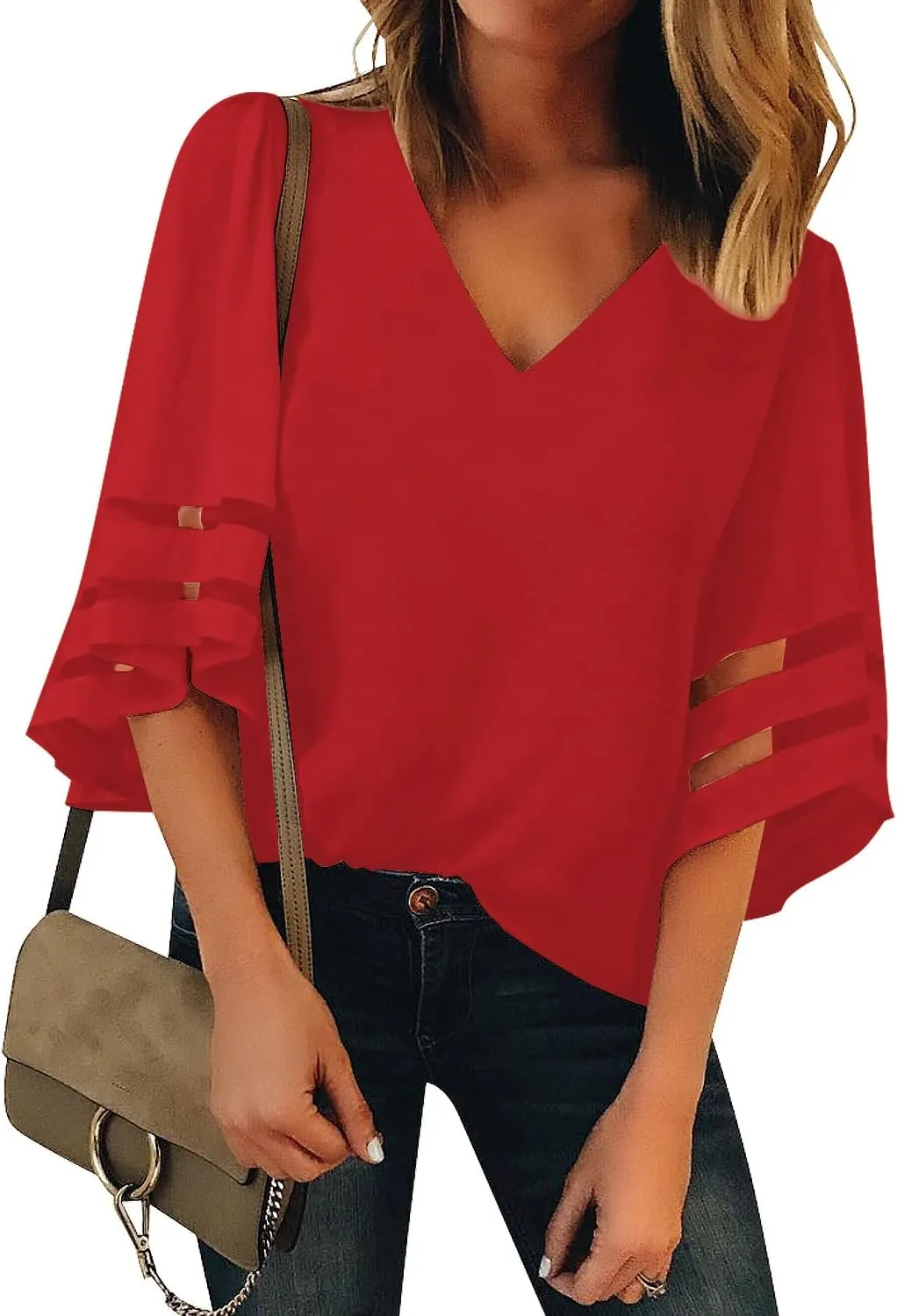 LookbookStore Women's V Neck Mesh Panel Blouse 3/4 Bell Sleeve Loose Top Shirt