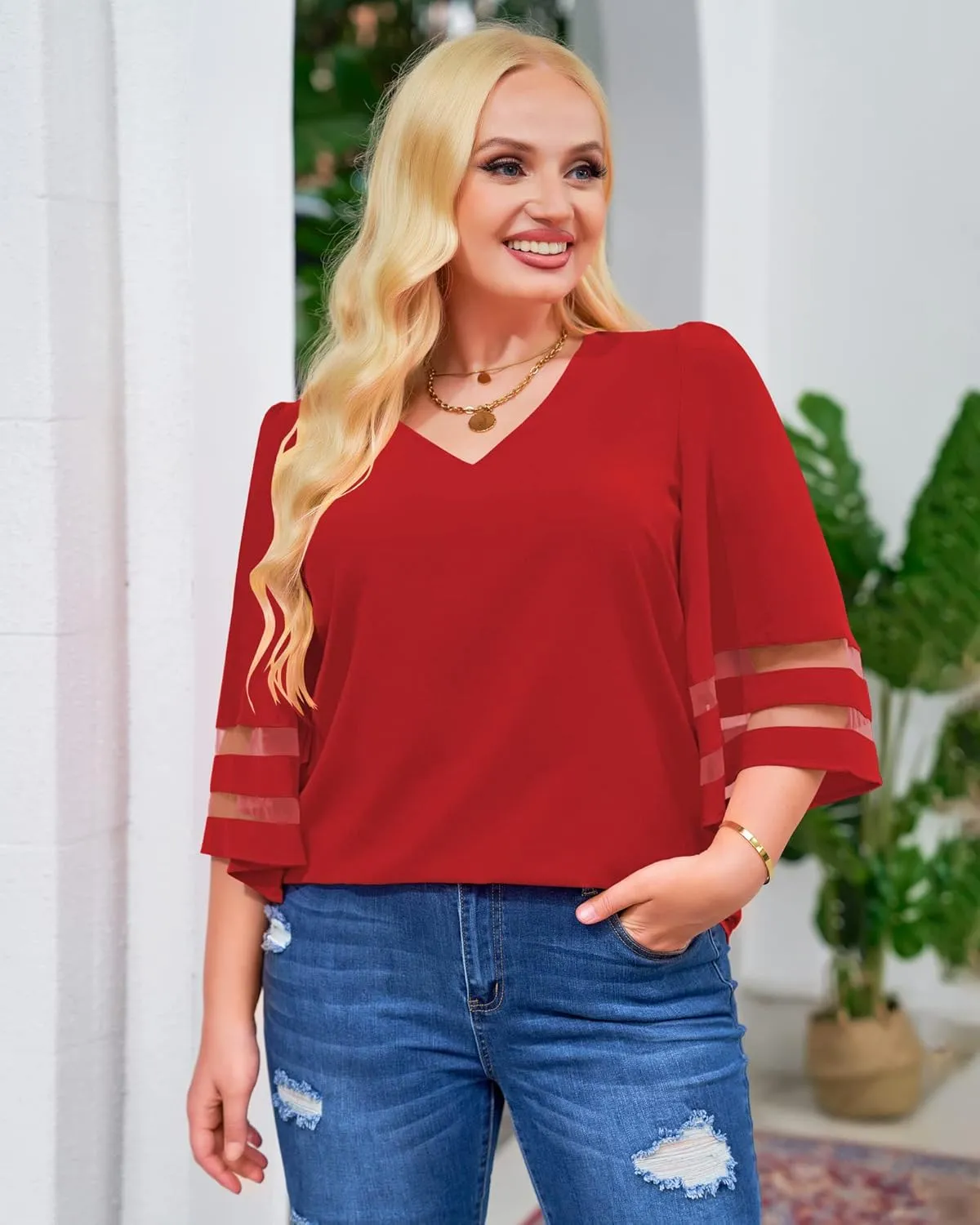 LookbookStore Women's V Neck Mesh Panel Blouse 3/4 Bell Sleeve Loose Top Shirt