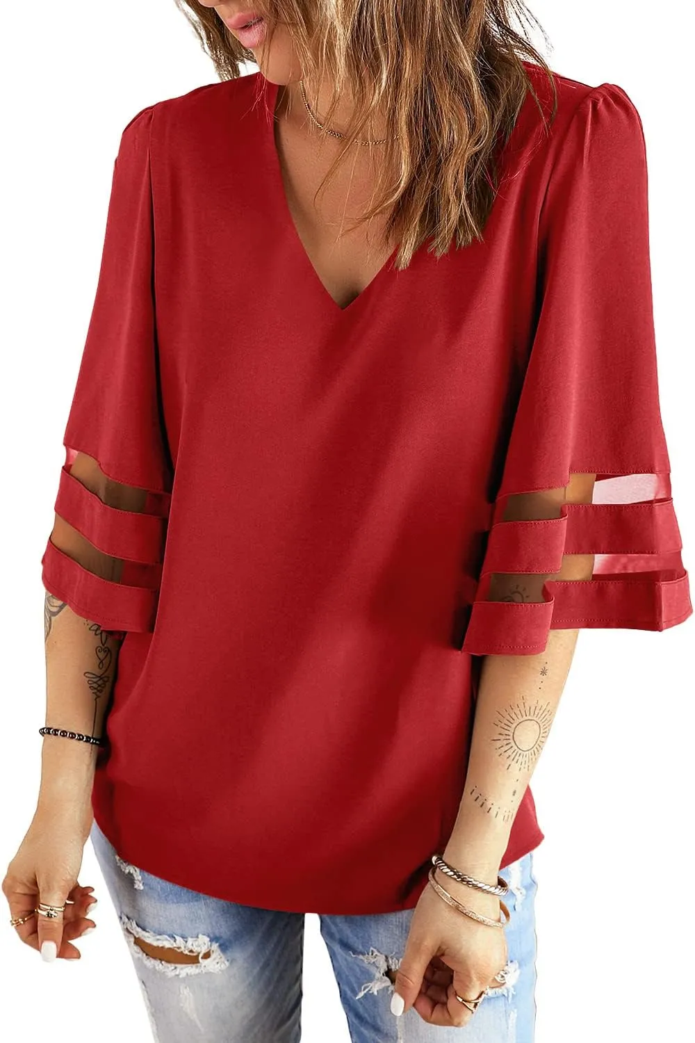 LookbookStore Women's V Neck Mesh Panel Blouse 3/4 Bell Sleeve Loose Top Shirt