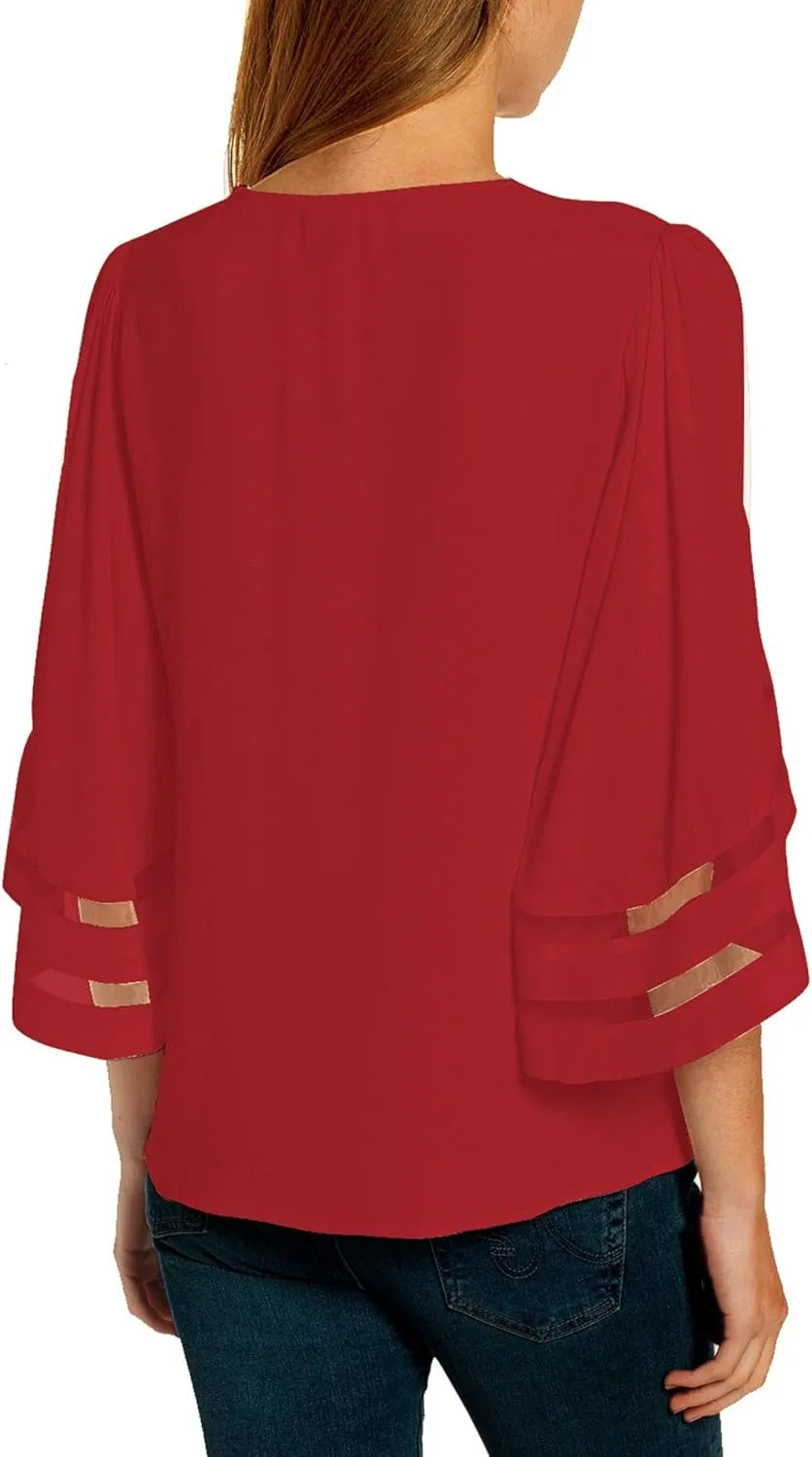 LookbookStore Women's V Neck Mesh Panel Blouse 3/4 Bell Sleeve Loose Top Shirt