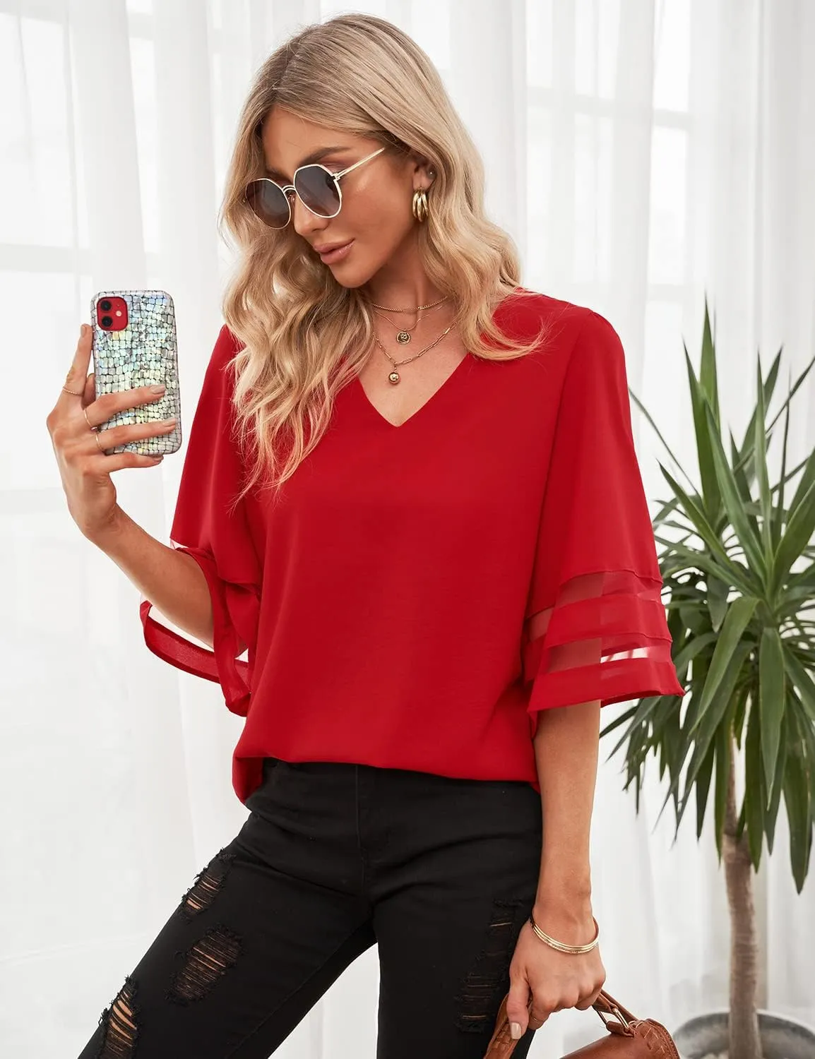 LookbookStore Women's V Neck Mesh Panel Blouse 3/4 Bell Sleeve Loose Top Shirt