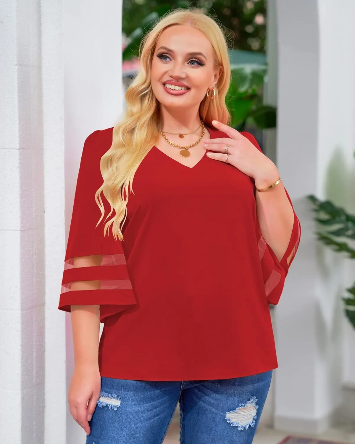 LookbookStore Women's V Neck Mesh Panel Blouse 3/4 Bell Sleeve Loose Top Shirt