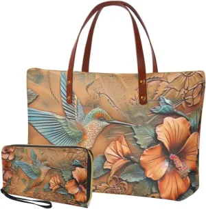 Lotusorchid 2 Pcs Hand bags Purses, Women Top Handle Bag Satchel Shoulder Bag, Large Tote Handbag with PU Wallet
