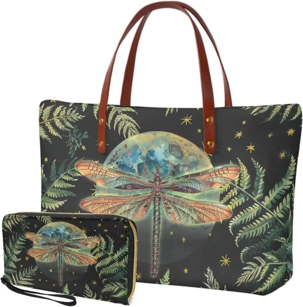 Lotusorchid 2 Pcs Large Tote Handbag with PU Wallet, Women Hand bags Purses, Top Handle Bag Satchel Shoulder Bag