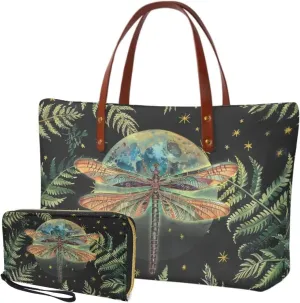 Lotusorchid 2 Pcs Large Tote Handbag with PU Wallet, Women Hand bags Purses, Top Handle Bag Satchel Shoulder Bag