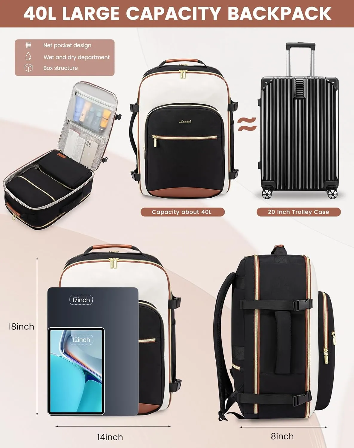 LOVEVOOK Large Travel Backpack for Women & Men, 40L Carry on Backpack for Airplanes, TSA Personal Item Travel Bag fits 17" Laptop, Waterproof Travel Essentials Airline Approved with 3 Packing Cubes