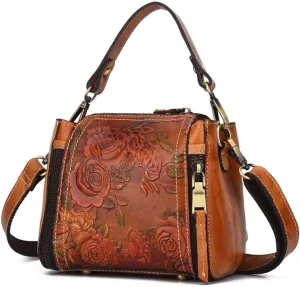 Luxury Women Retro Genuine Leather Embossed Craft Flower Handbag Shoulder Crossbody Bag 7.87x3.94x6.3 inches