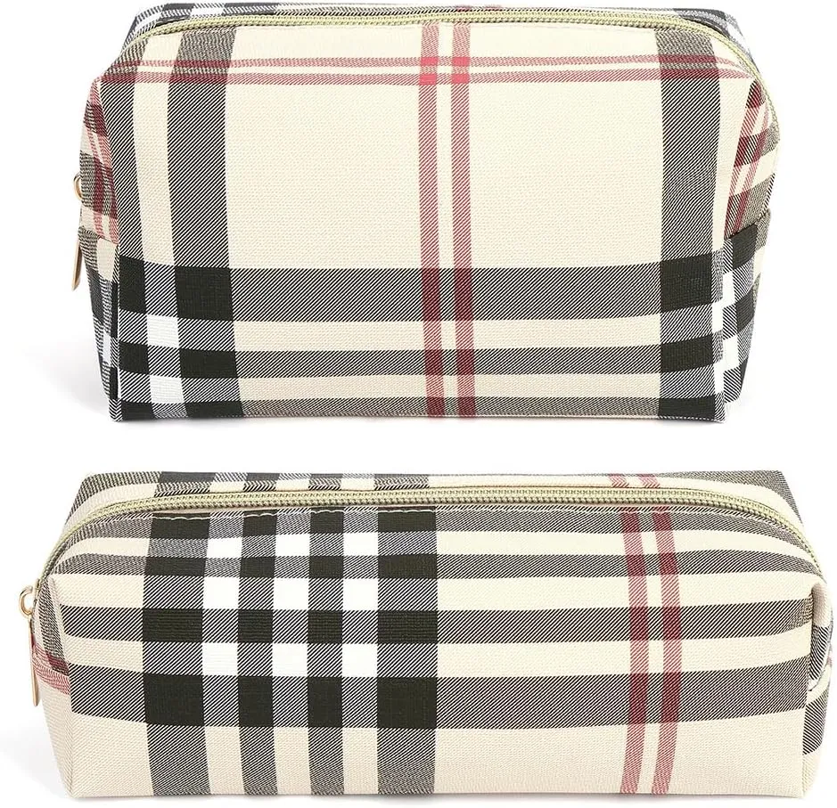 MAANGE Small Makeup Bag for Purse, 2 PCS Cosmetic Bag for Women Travel Makeup Pouch Leather Make up Bag Portable Zipper Pouch Brushes Bag - khaki plaid