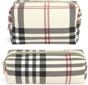 MAANGE Small Makeup Bag for Purse, 2 PCS Cosmetic Bag for Women Travel Makeup Pouch Leather Make up Bag Portable Zipper Pouch Brushes Bag - khaki plaid