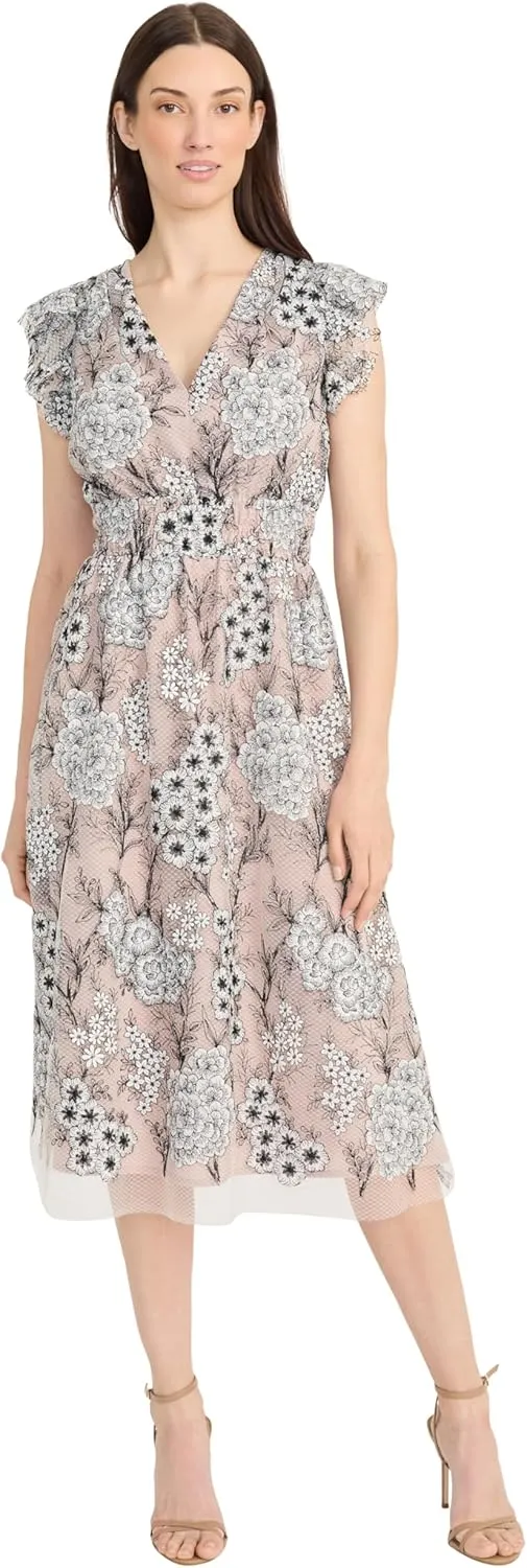 Maggy London Women's Flutter Sleeve V-Neck Empire Waist Midi Length A-line Cocktail Dress