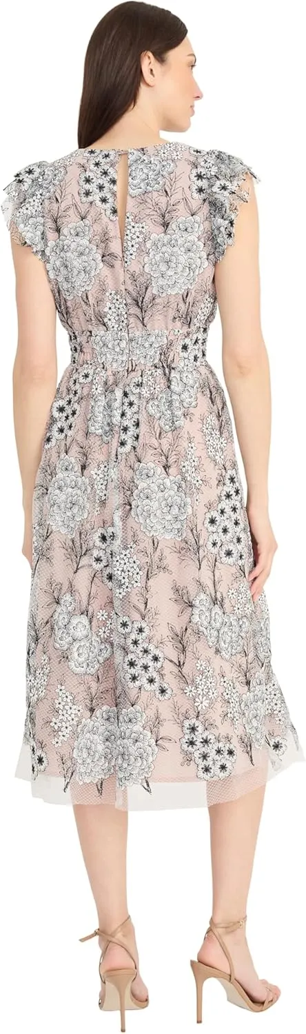 Maggy London Women's Flutter Sleeve V-Neck Empire Waist Midi Length A-line Cocktail Dress
