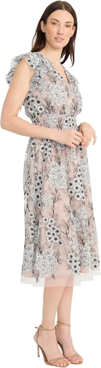 Maggy London Women's Flutter Sleeve V-Neck Empire Waist Midi Length A-line Cocktail Dress