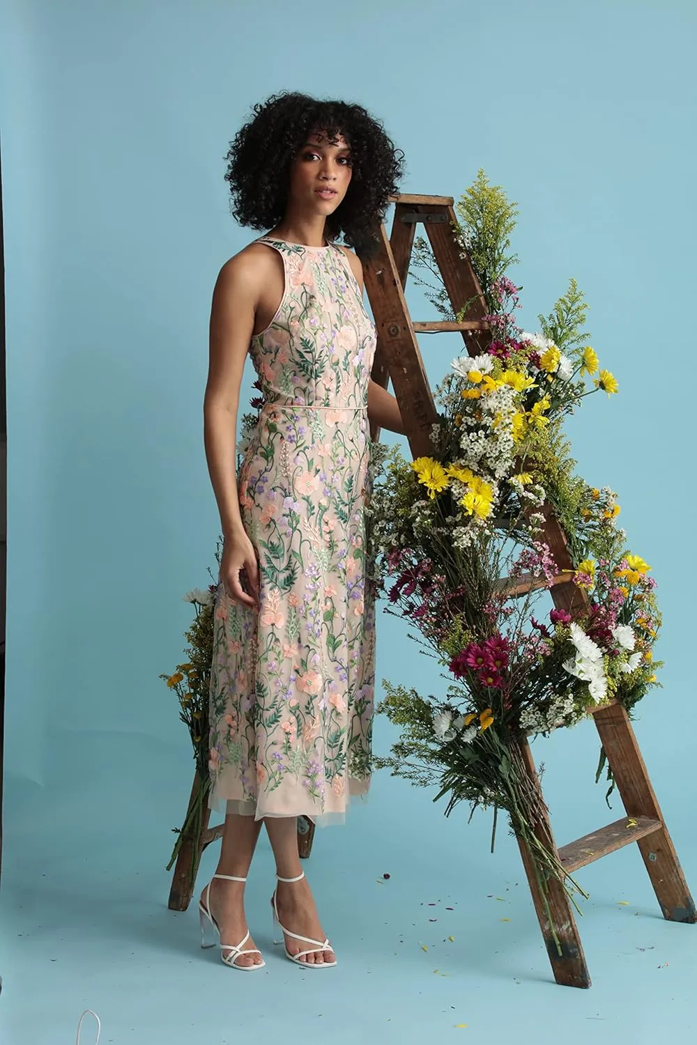 Maggy London Women's Garden Embroidered Mesh Halter Midi Dress-Perfect for Wedding Guest & Special Occasions