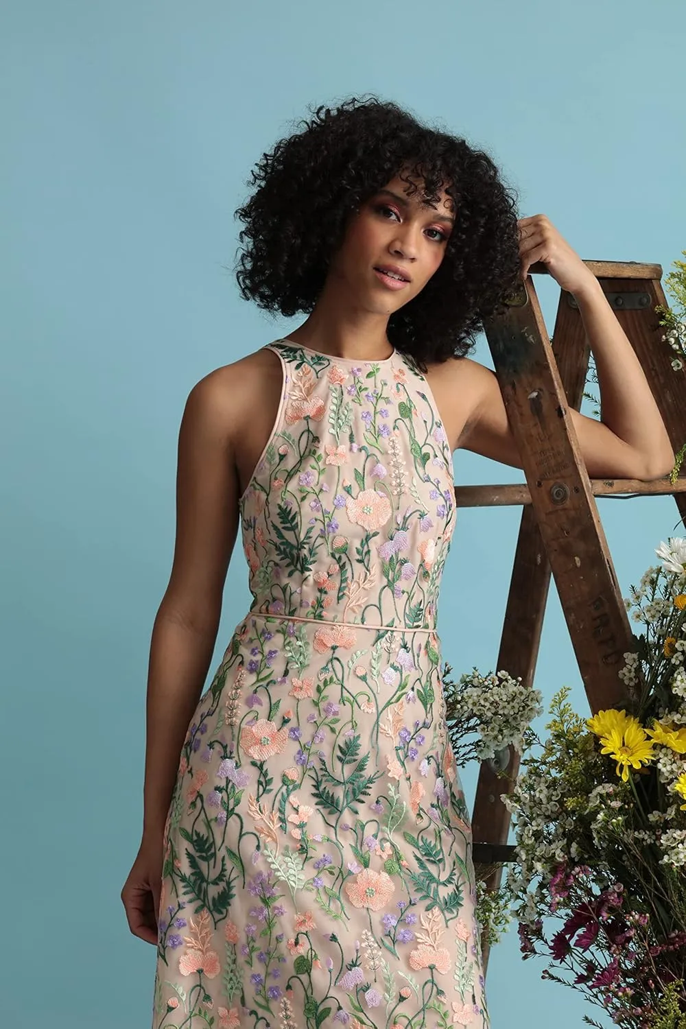 Maggy London Women's Garden Embroidered Mesh Halter Midi Dress-Perfect for Wedding Guest & Special Occasions