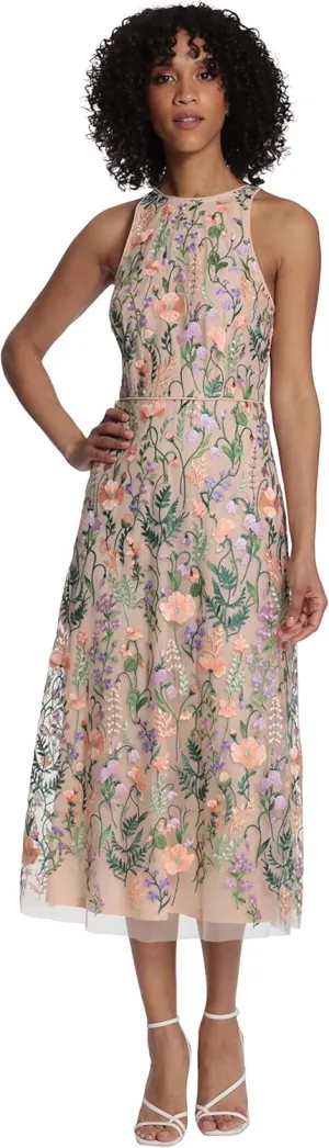 Maggy London Women's Garden Embroidered Mesh Halter Midi Dress-Perfect for Wedding Guest & Special Occasions