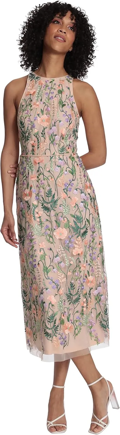 Maggy London Women's Garden Embroidered Mesh Halter Midi Dress-Perfect for Wedding Guest & Special Occasions