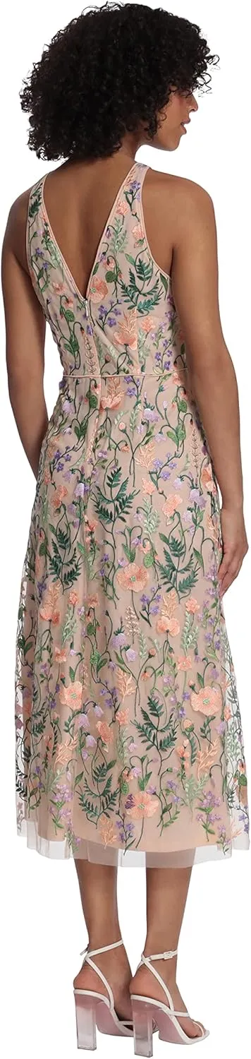 Maggy London Women's Garden Embroidered Mesh Halter Midi Dress-Perfect for Wedding Guest & Special Occasions