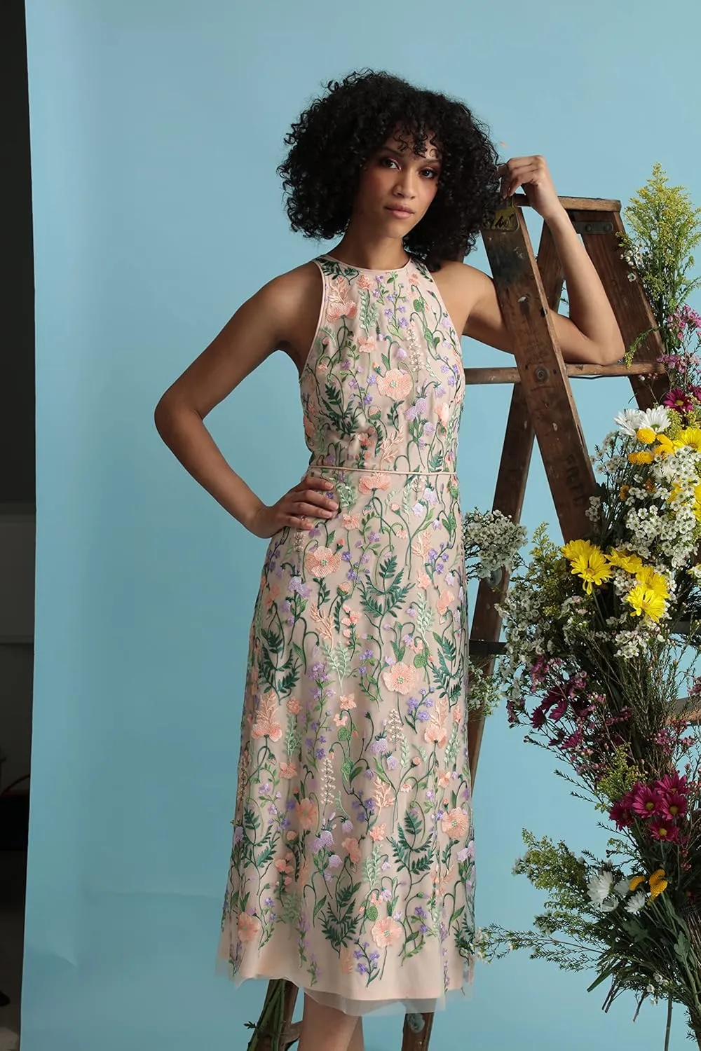 Maggy London Women's Garden Embroidered Mesh Halter Midi Dress-Perfect for Wedding Guest & Special Occasions