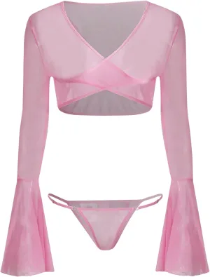 MakeMeChic Women's 2 Piece Lingerie Outfit Mesh Bell Sleeve Wrap Crop Top and Panty Set