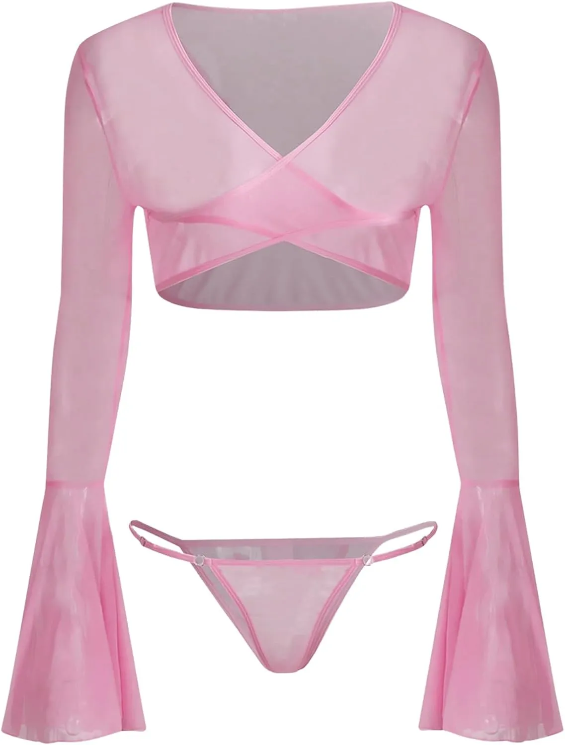 MakeMeChic Women's 2 Piece Lingerie Outfit Mesh Bell Sleeve Wrap Crop Top and Panty Set