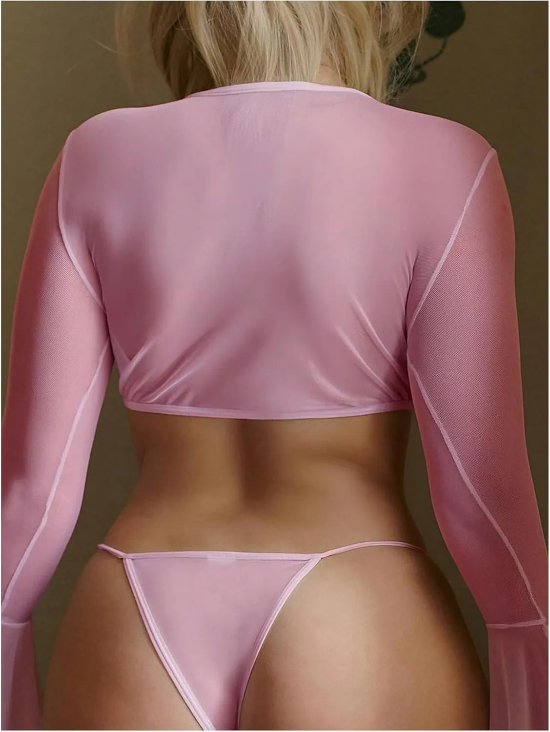 MakeMeChic Women's 2 Piece Lingerie Outfit Mesh Bell Sleeve Wrap Crop Top and Panty Set